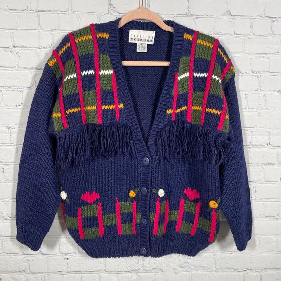 American Vintage Sweaters - Carolina Colours Sweater Medium Blue Button Up Chunky Knitted Cardigan VTG Y2K